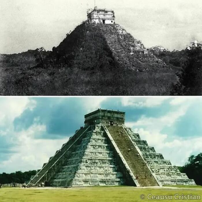 Ancient history transformation of a pyramid, from excavation stage to modern tourist site.