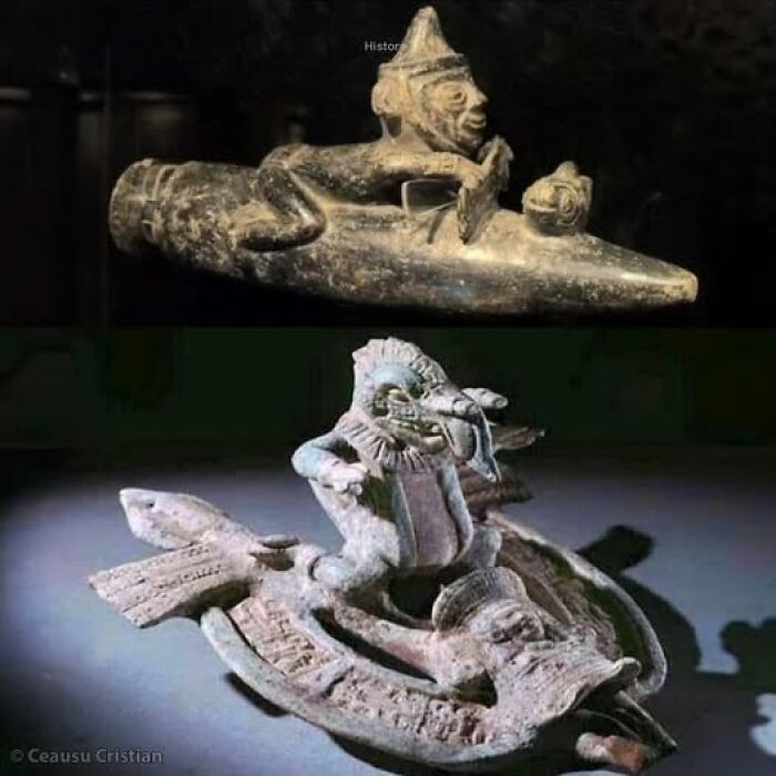 Ancient civilization artifacts depicting figures on intricate sculpted objects, showcasing historical craftsmanship.