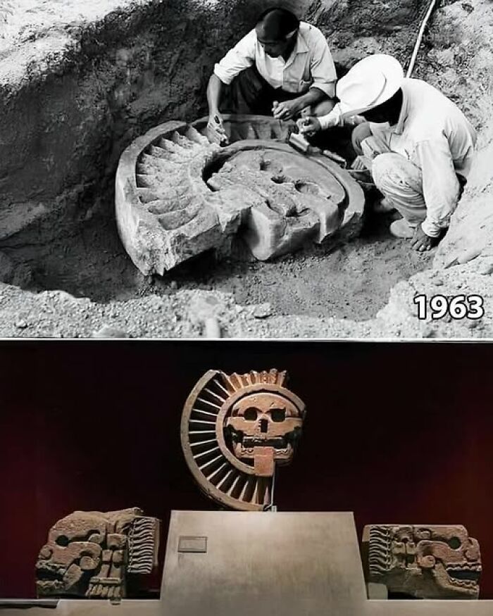Men unearthing ancient artifact in 1963, with displayed relics showcasing ancient history.