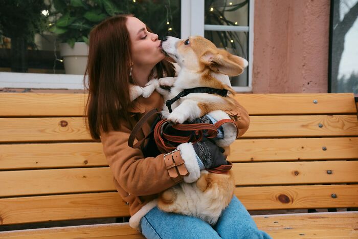 Woman on bench lovingly kissing her corgi, illustrating personal secrets and connections.