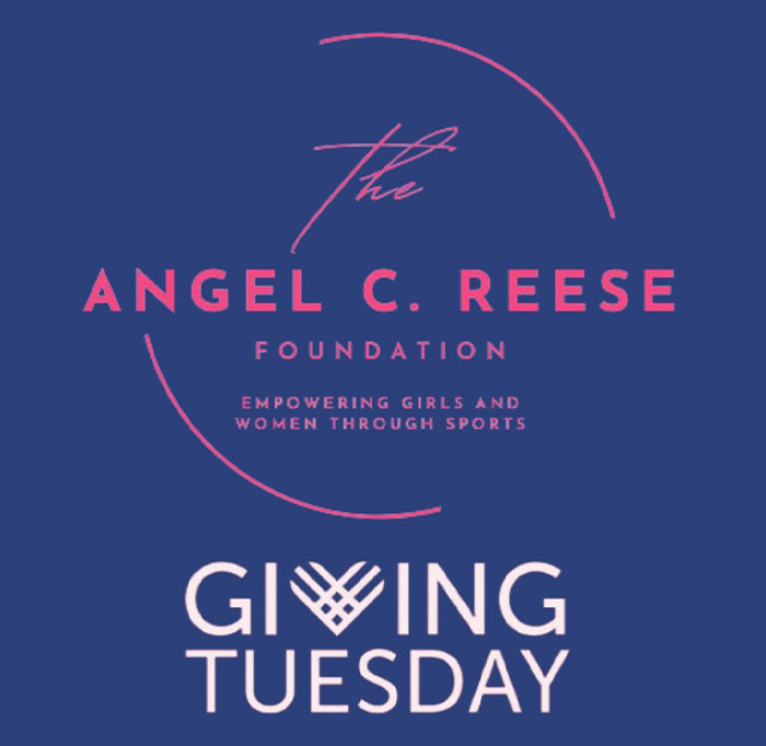Angel Reese Foundation logo highlighting support for women in sports, set against a blue Giving Tuesday background.