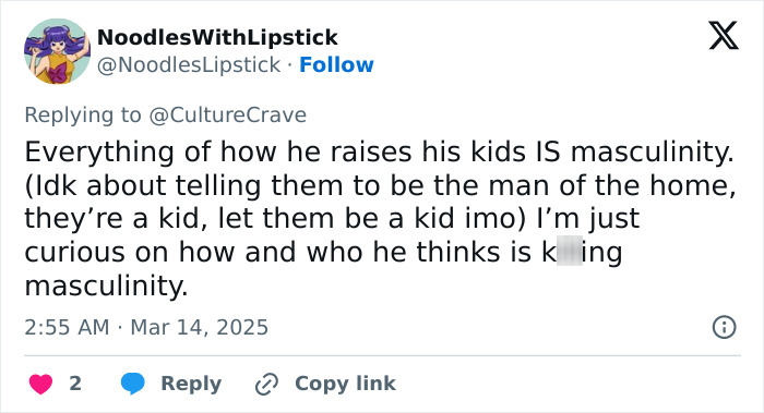 Tweet discussing Anthony Mackie's views on masculinity in parenting and its impact on his kids' upbringing.