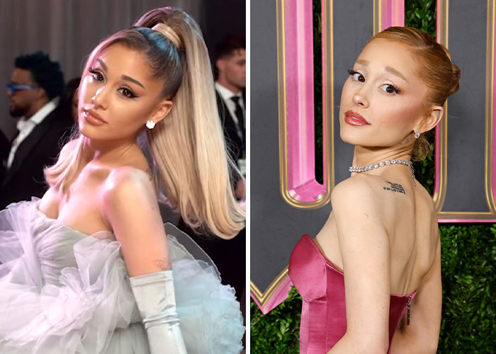 Two celebrities in glamorous dresses, possibly reflecting on regrets over plastic surgery decisions.