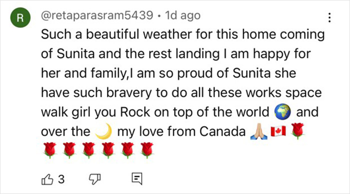 Comment praising astronaut Sunita's bravery and space achievements, expressing pride and love from Canada.