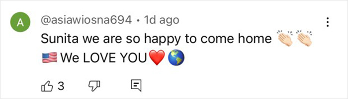 Comment celebrating NASA astronaut's return from space, with clapping, heart, and Earth emojis.