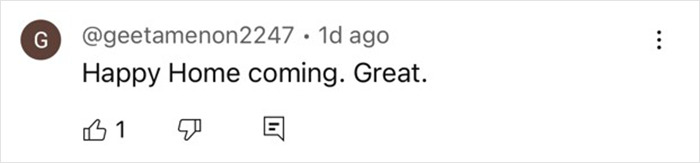 Comment says, "Happy Home coming. Great," related to NASA astronaut news.