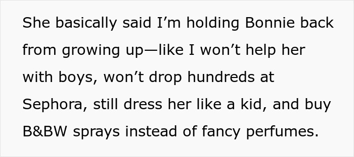 Text discussing a friend's parent body-shaming a teenager, mentioning shopping and appearance.