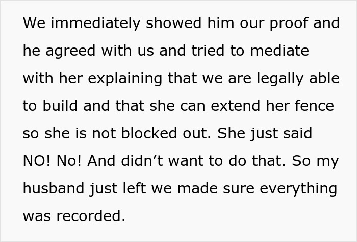 Text about a neighbor's reaction and mediation attempt regarding a legal fence dispute involving OCD concerns.