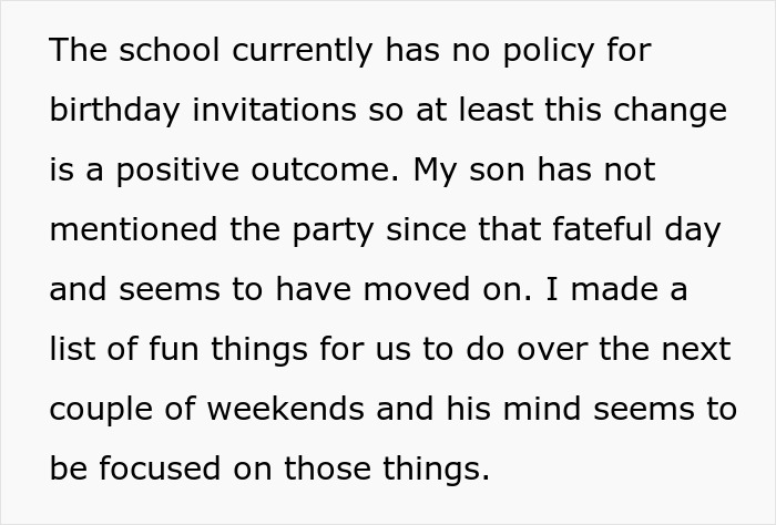 Text discussing school policy on birthday invitations, a boy excluded from a party, and planned weekend activities.