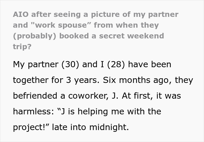 Text about partner and "work spouse" sharing sauna photo, prompting concerns over a secret trip.