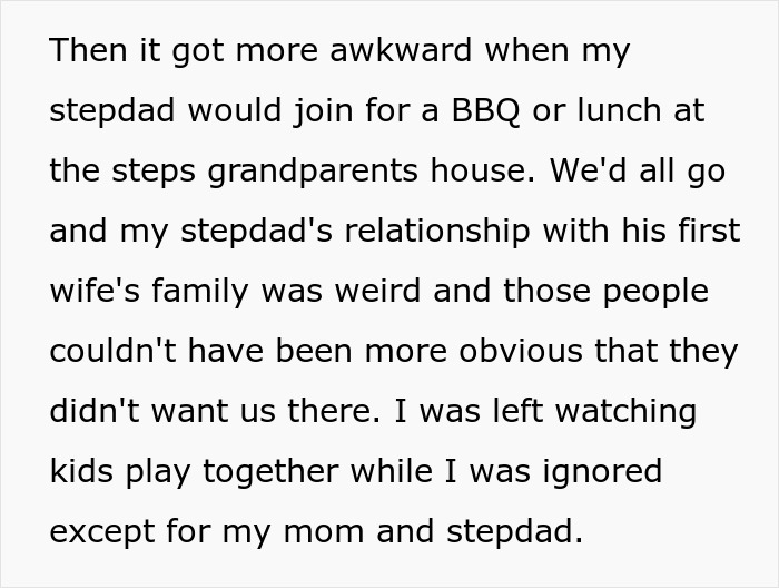 Text about awkward family dynamics at step-grandparents' BBQ involving stepdad, highlighting a complex family relationship. Text about awkward family dynamics at step-grandparents' BBQ involving stepdad, highlighting a complex family relationship.