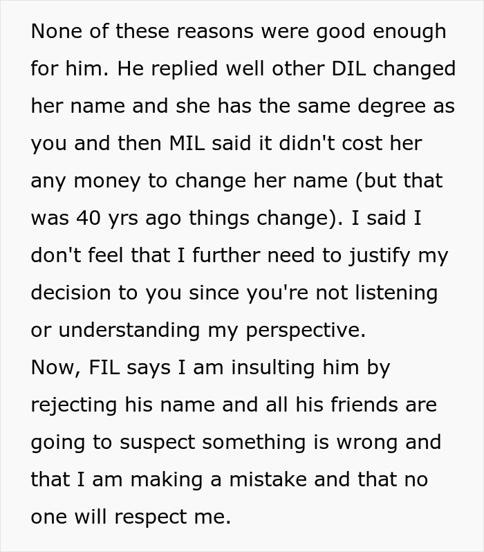 Text discusses FIL's reaction to bride rejecting his last name, affecting community respect.