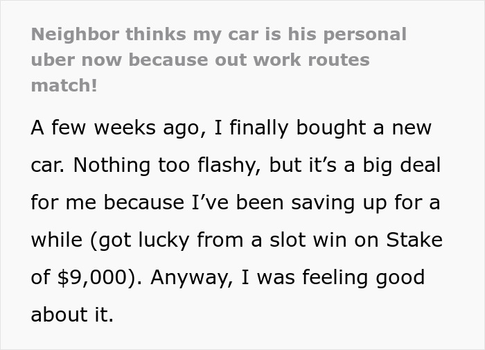 Text revealing a neighbor assumes a ride is a daily carpool due to shared work routes and a new car purchase.