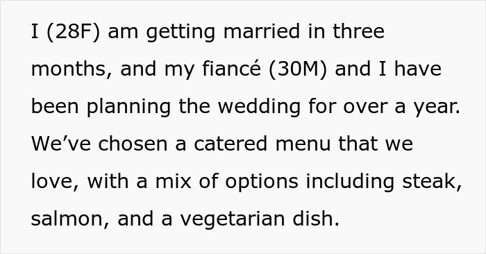 Text describing wedding menu planning with varied options for guests, including steak, salmon, and vegetarian dish choices.