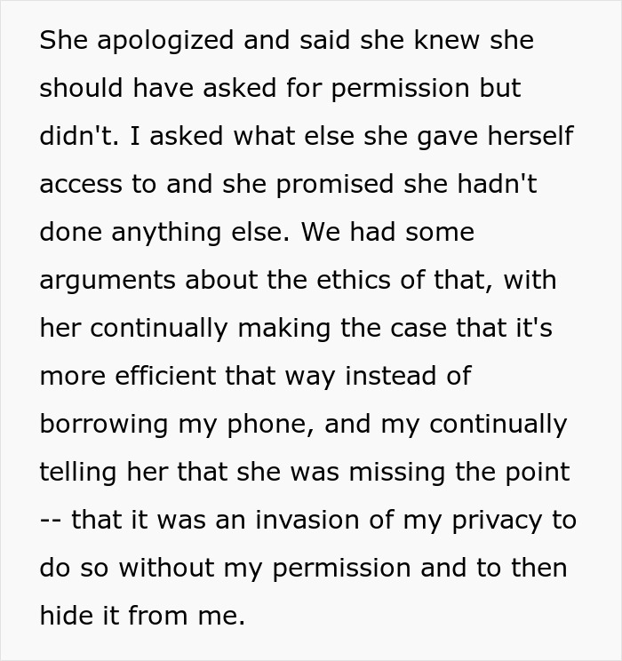 Text about a man discussing his wife monitoring his spending and phone without permission, highlighting privacy invasion concerns.