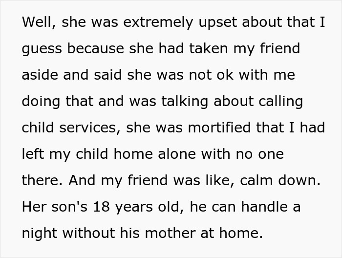 Text about a woman upset over a mother leaving her 18-year-old son home alone, considering calling child services.
