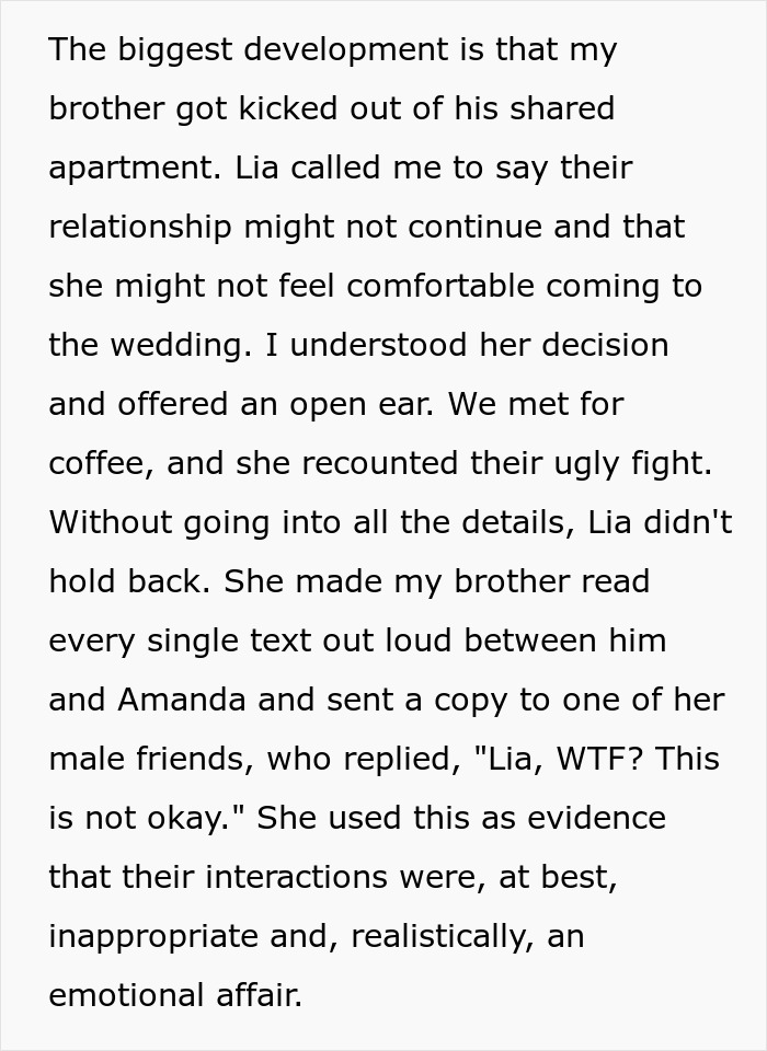 Text excerpt discussing brother's relationship conflict over choosing a female friend as a wedding +1 instead of his girlfriend.