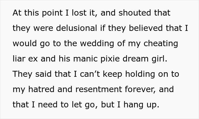 Text expressing frustration about attending an ex's wedding to his cousin.