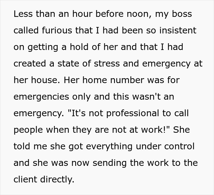 Text about an egoistic boss complaining about a call outside work hours, stressing on professionalism.