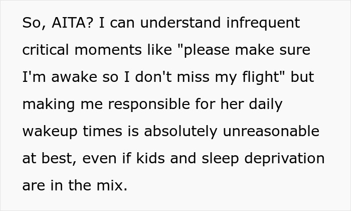 Text expressing frustration over being responsible for wife's morning wake-up times despite sleep deprivation and kids.