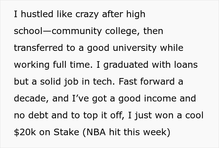 Text describing man's journey from college to financial success amidst family financial demands. Text describing man's journey from college to financial success amidst family financial demands.