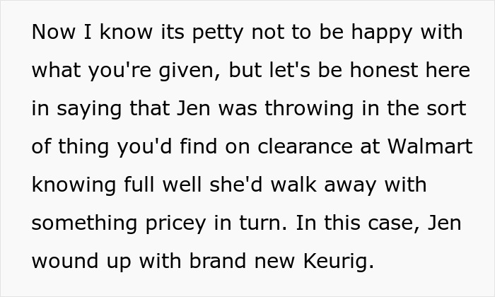 Text describing a lady involved in a gift exchange drama at a club, mentioning a clearance item and a pricey Keurig.