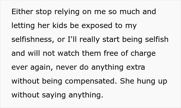 Text message about setting boundaries on unpaid babysitting tasks.