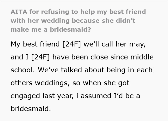 Text about a friend's wedding disappointment, discussing the impact of not being chosen as a bridesmaid. Text about a friend's wedding disappointment, discussing the impact of not being chosen as a bridesmaid.
