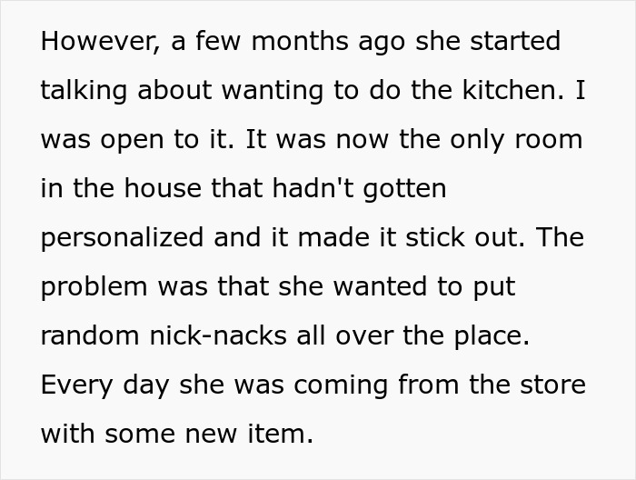 Text about kitchen decor disagreements between a couple, focusing on adding random items daily. Text about kitchen decor disagreements between a couple, focusing on adding random items daily.