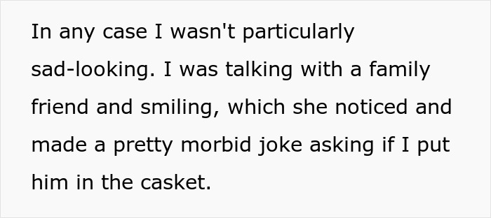 Text describing a morbid joke about a casket during a conversation. Text describing a morbid joke about a casket during a conversation.
