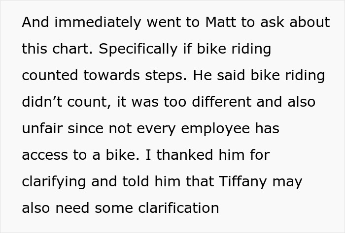 Text excerpt about reporting a coworker cheating in a walking competition, discussing if bike riding counts as steps. Text excerpt about reporting a coworker cheating in a walking competition, discussing if bike riding counts as steps.