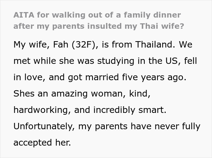 Text screenshot about family conflict over a son's Thai wife and parents' disapproval.