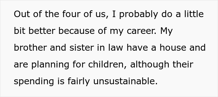 Text discussing family dynamics and finances between siblings, highlighting career success and child planning issues.