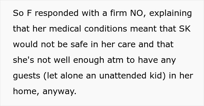 Text exchange about a neighbor's refusal to babysit due to medical conditions.