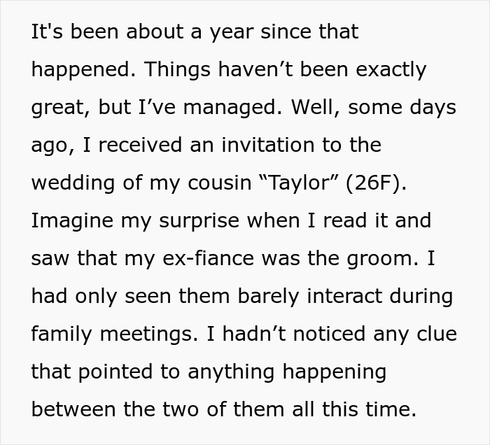 Text about a guy marrying his ex-girlfriend's cousin. Surprised by an invitation to their wedding.