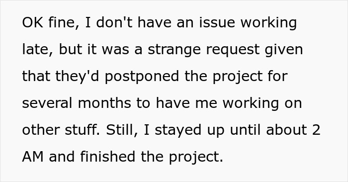 Text exchange about late work request and unexpected firing.