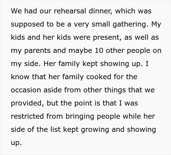 Text describes a rehearsal dinner where the man's in-laws keep arriving unexpectedly, causing tension. Text describes a rehearsal dinner where the man's in-laws keep arriving unexpectedly, causing tension.