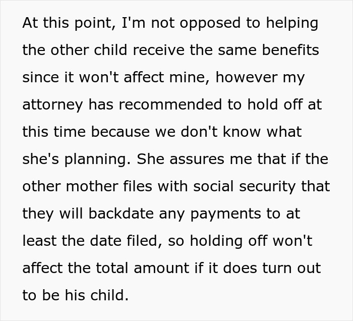 Woman consults attorney on child benefits after hubs' affair.