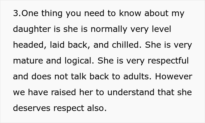 Text discussing a daughter's respectful and mature behavior and her understanding that she deserves respect.