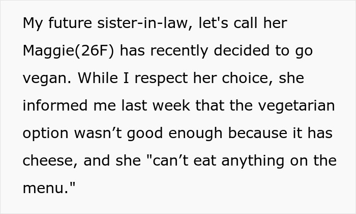 Text excerpt about vegan sister-in-law unhappy with wedding menu choices.