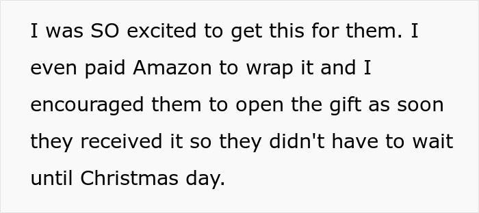 Text about a special gift bought for parents, wrapped by Amazon, encouraging early opening before Christmas. Text about a special gift bought for parents, wrapped by Amazon, encouraging early opening before Christmas.