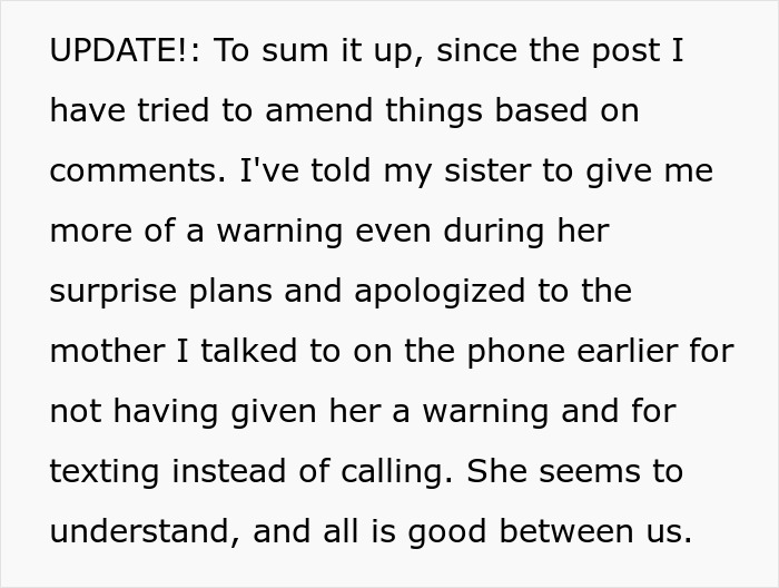 Text update about amending plans, prioritizing family trip over daughter's friends' plans.