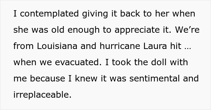 Text about an heirloom doll from Louisiana saved during Hurricane Laura evacuation.