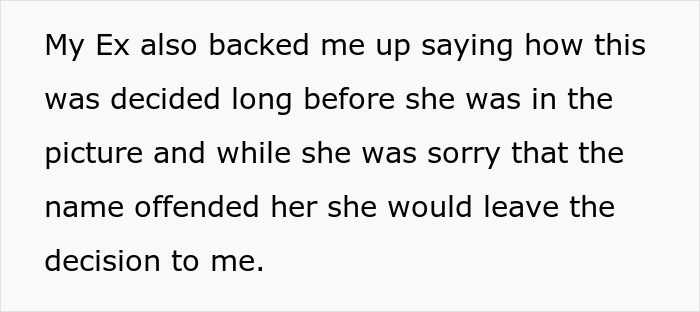 Text screenshot about a woman upset that her partner's ex supports his baby naming decision.