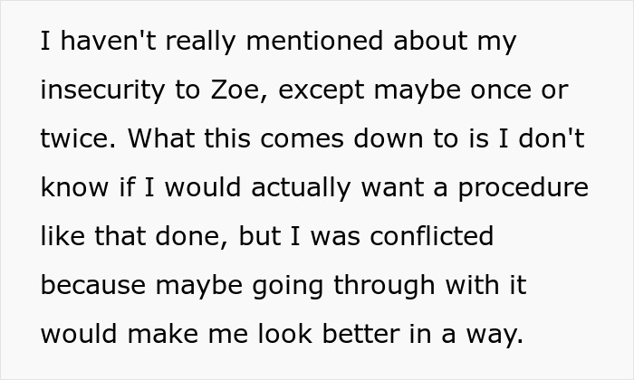 Text about insecurity regarding a cosmetic procedure on face suggested by a bride. Text about insecurity regarding a cosmetic procedure on face suggested by a bride.