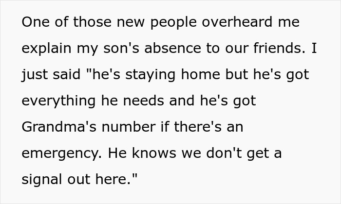 Text discussing concerns about leaving a son at home, mentioning emergency contacts and lack of signal coverage.