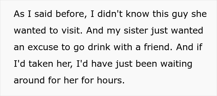 Text conversation about a woman getting drunk and her sibling's refusal to drive, showing no sympathy.