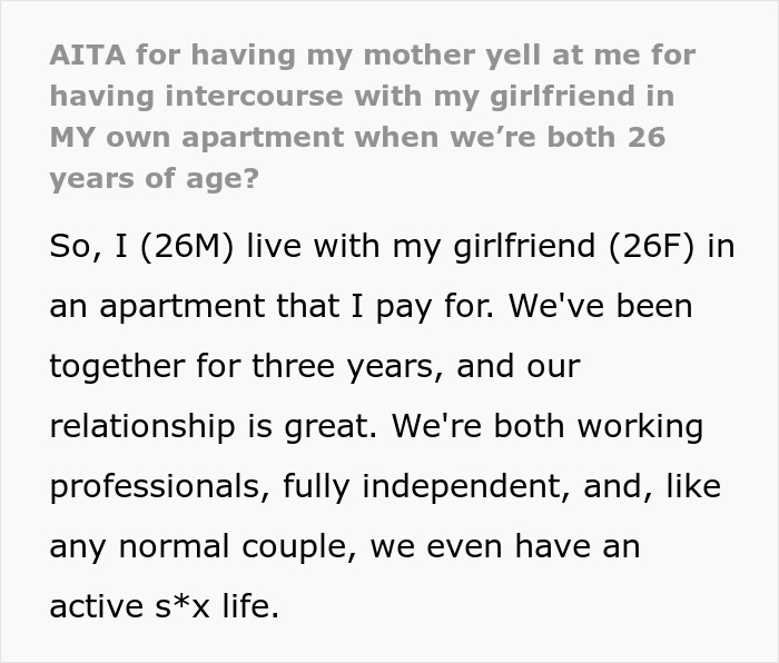 Text discussing an awkward encounter with mom in son's apartment with girlfriend. Text discussing an awkward encounter with mom in son's apartment with girlfriend.