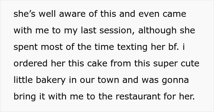Text message about missing a birthday due to chemo, mentions ordering a cake from a local bakery.