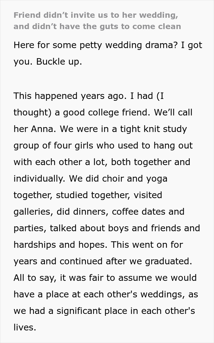 Friendship Falls Apart After Bride Doesn't Invite Close Friends To Wedding And Hides The Truth